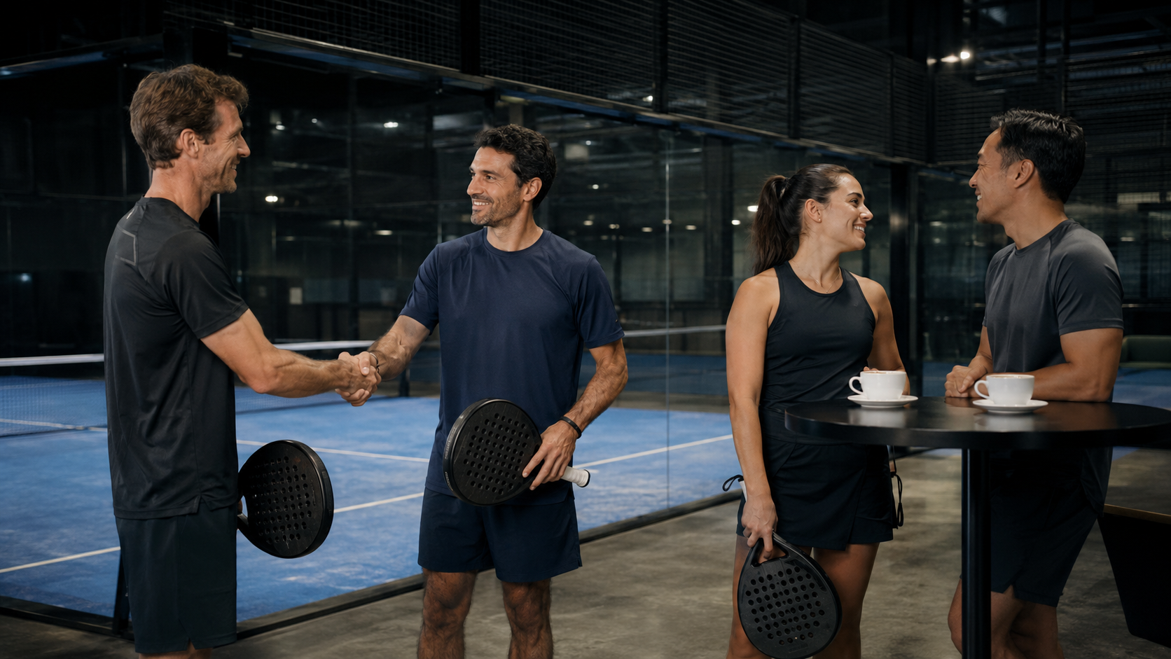 Des professionnels échangent après une partie de padel dans un club indoor