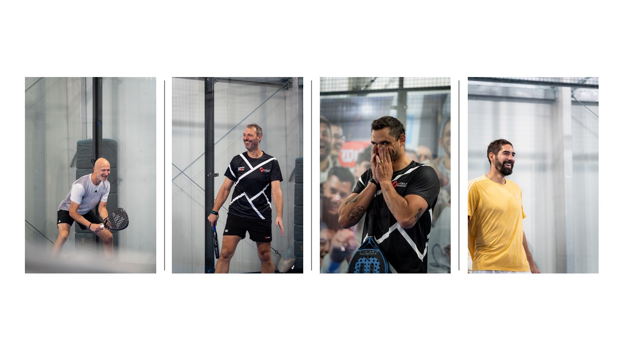 Montage de quatre participants au tournoi caritatif Cœur Padel et Princesse Margot organisé à Roland-Garros