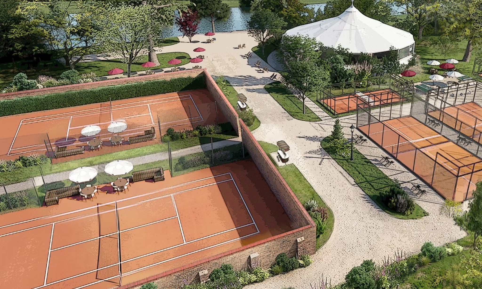 Visualisation aérienne des courts de padel et de tennis intégrés au futur Soho River House près de Windsor
