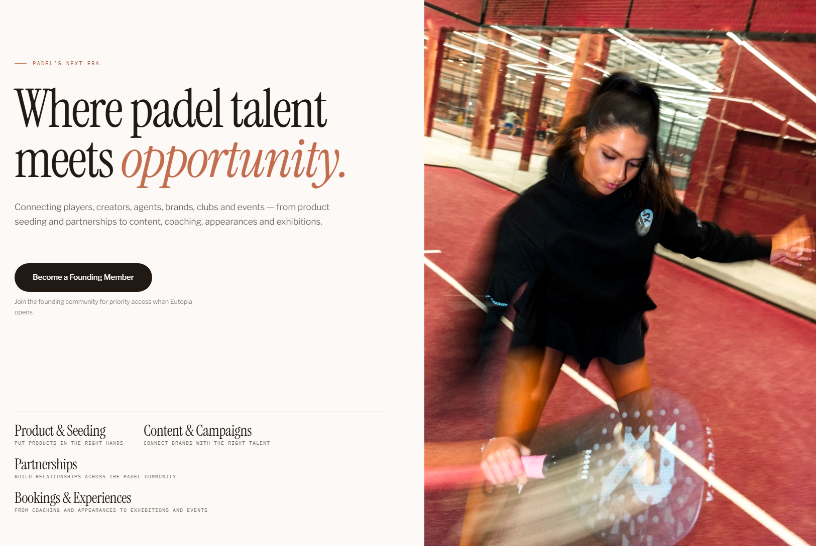 Capture du site EutopiaConnect : Where padel talent meets opportunity, avec les offres produits, contenus, partenariats et expériences